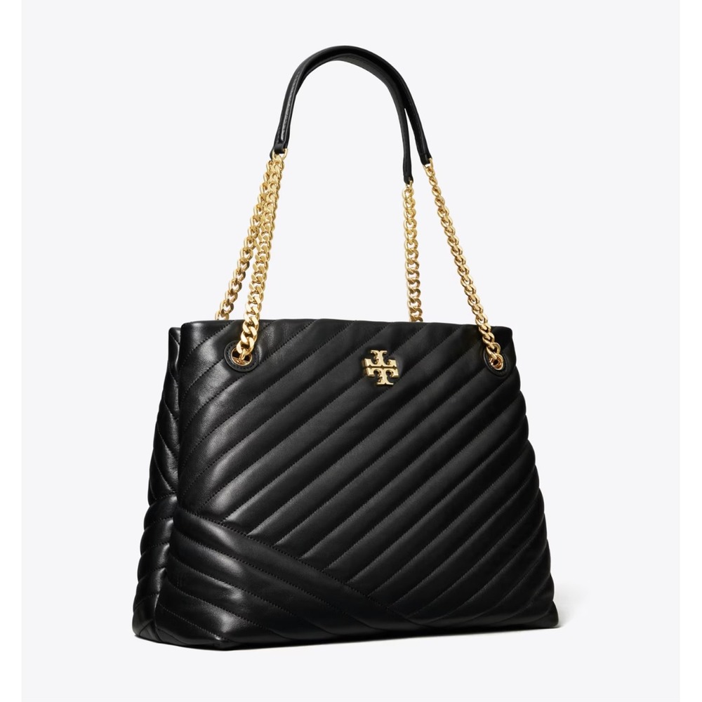Tory Burch Kira Chevron Quilted Leather Tote Bag Black Gold Chain